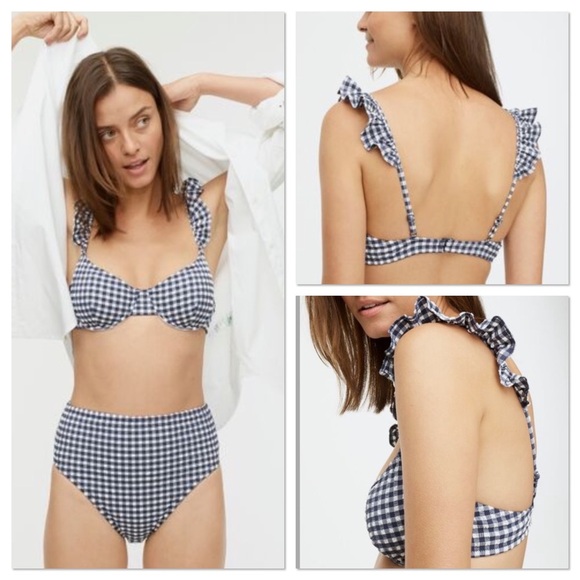 J Crew ruffle underwire bikini top and hipster bottom in Classic Navy Gingham - Picture 3 of 9